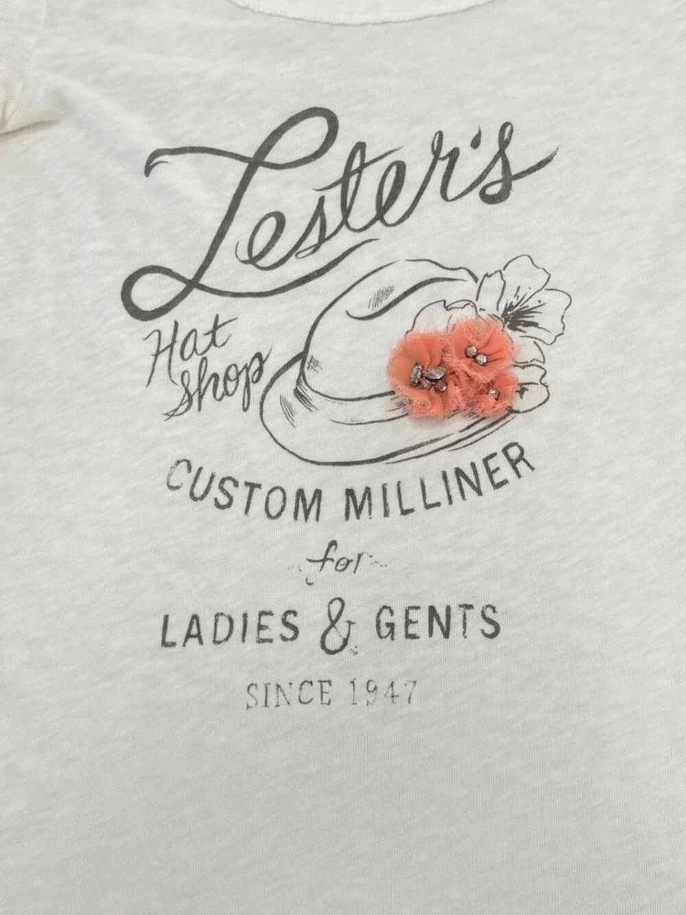 J. Crew Lesters Hat Shop Graphic T Shirt with Silk Flower Decoration, XS
